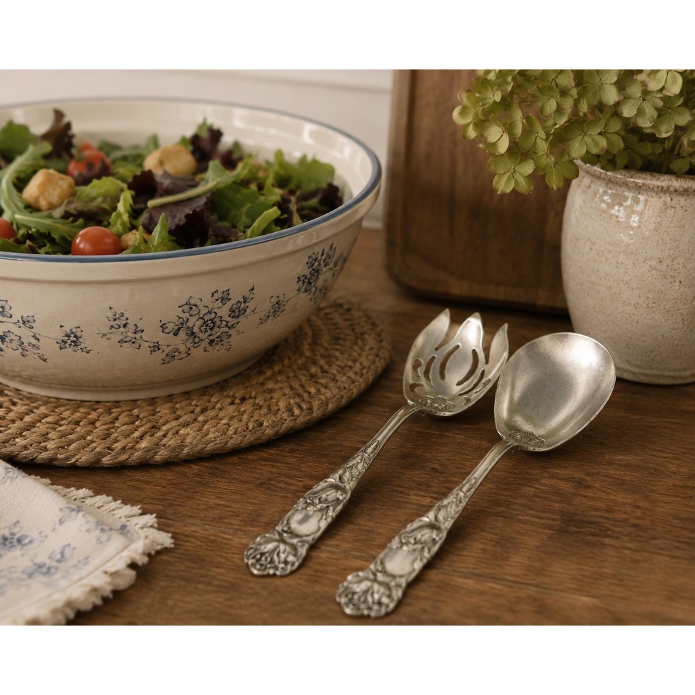 Vtg Italian Salad Serving Set Italy Silverplate Floral Serving Spoon Fork 9.5in